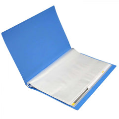 Blue binder with clear front cover on a white background