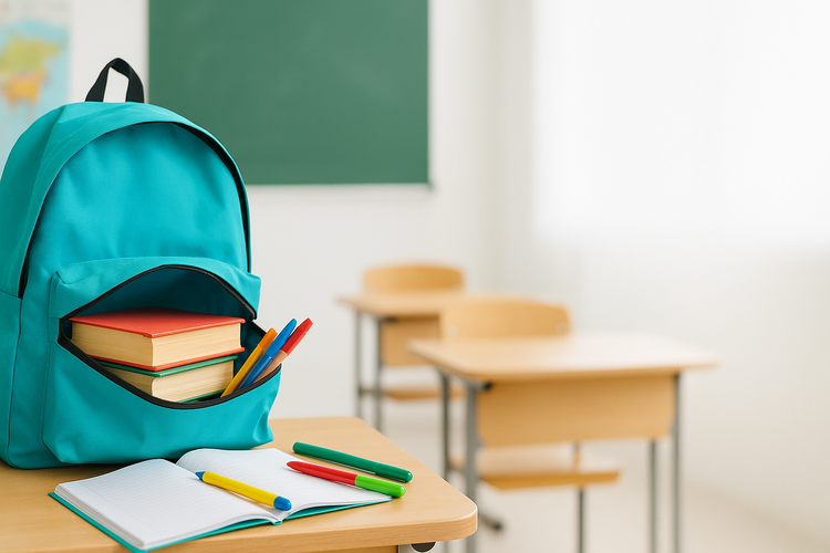 A cheerful school environment scene: a backpack open with books, pens, and a notebook spilling out, placed on a classroom desk. Clean bright lighting, white background blur, space on right for  2000x800.