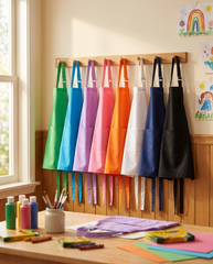 Colorful aprons hanging on a rack above a table with art supplies.